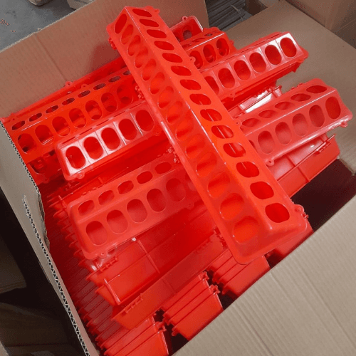 Chicks feeding trough